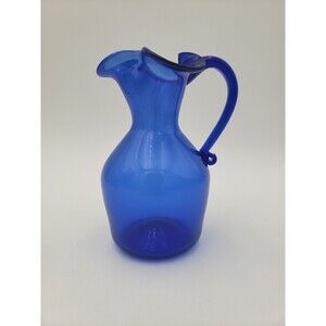 Vintage Hand Blown Cobalt Blue Glass Pitcher Or Ewer 6" Ruffled Lip Shelton?